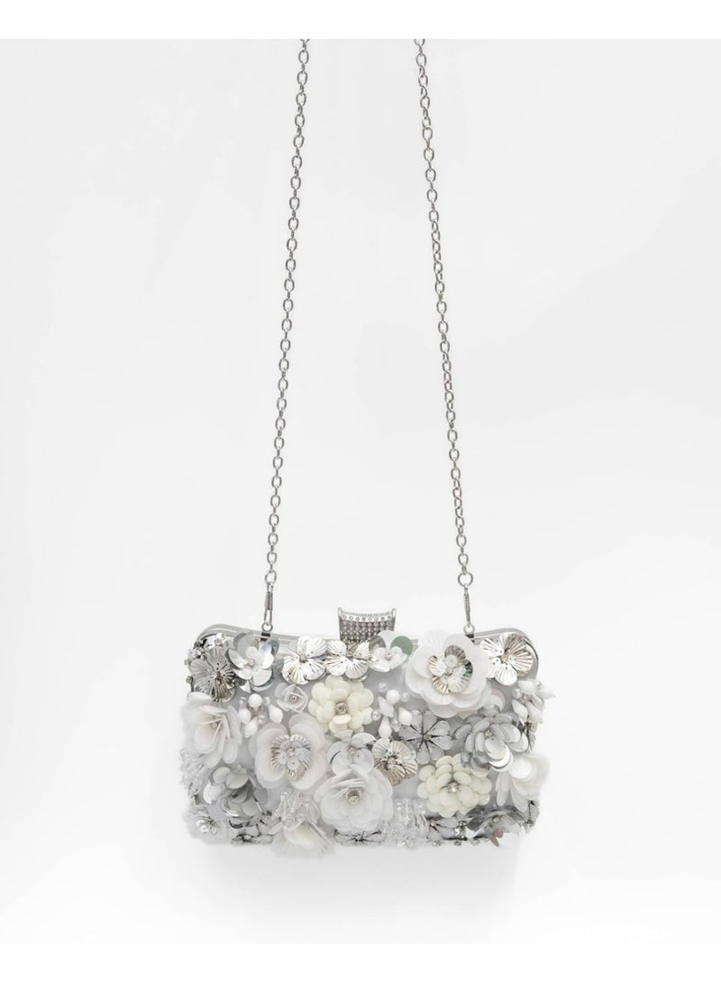 Elegant Floral Embellished Satin Evening Clutch Bag Women Beaded Flower Handbag for Weddings & Parties - Image 5