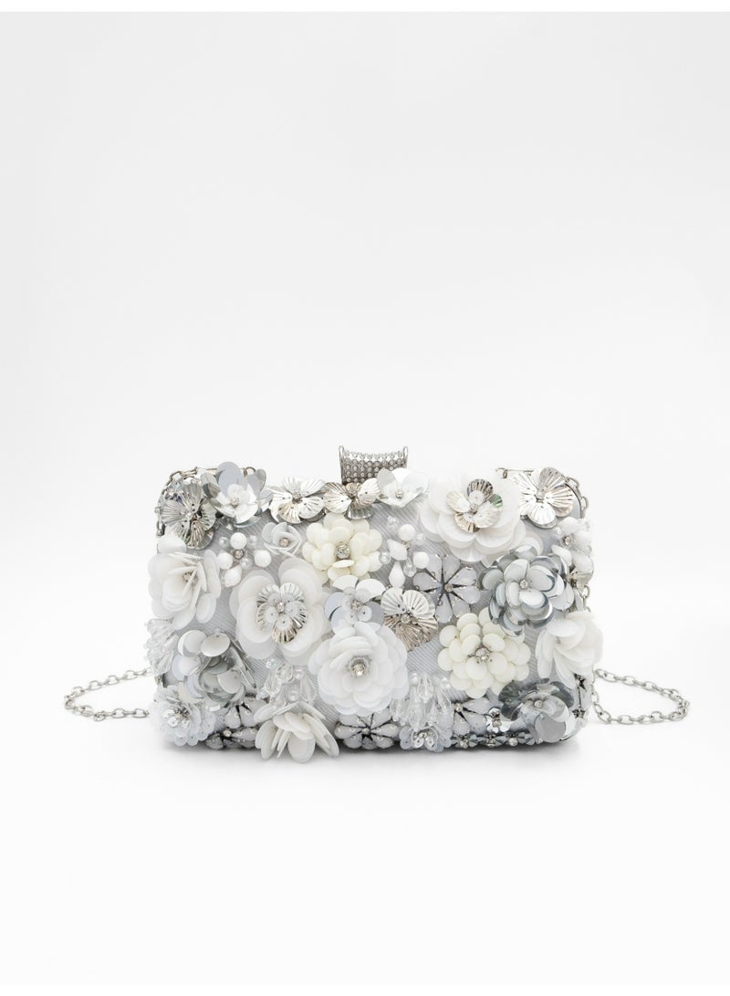 Elegant Floral Embellished Satin Evening Clutch Bag Women Beaded Flower Handbag for Weddings & Parties - Image 1