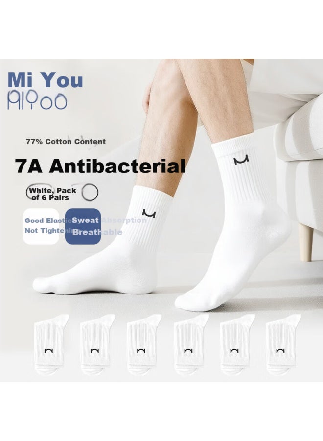 Miyou Men's Cotton Socks Autumn Winter 7a Antibacterial Mid-calf Sweat-absorbing Breathable Business Socks White 6 Pairs - Image 1