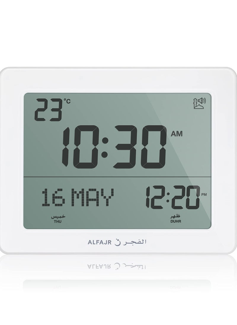 Azan Clock with Prayer Timing Display CF-19 White LCD Prayer clock with Temperature Date and Automatic Athan Five Times