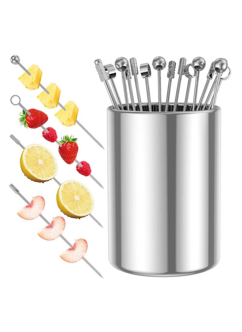 Metal Cocktail Picks, Cocktail Sticks with Holder Kit, 4.3 Inch Reusable Stainless Steel Drink Stick with Storage Cup for Bar party, Barbeque Snacks, Club sandwiches, Olives Fruits  - Image 1