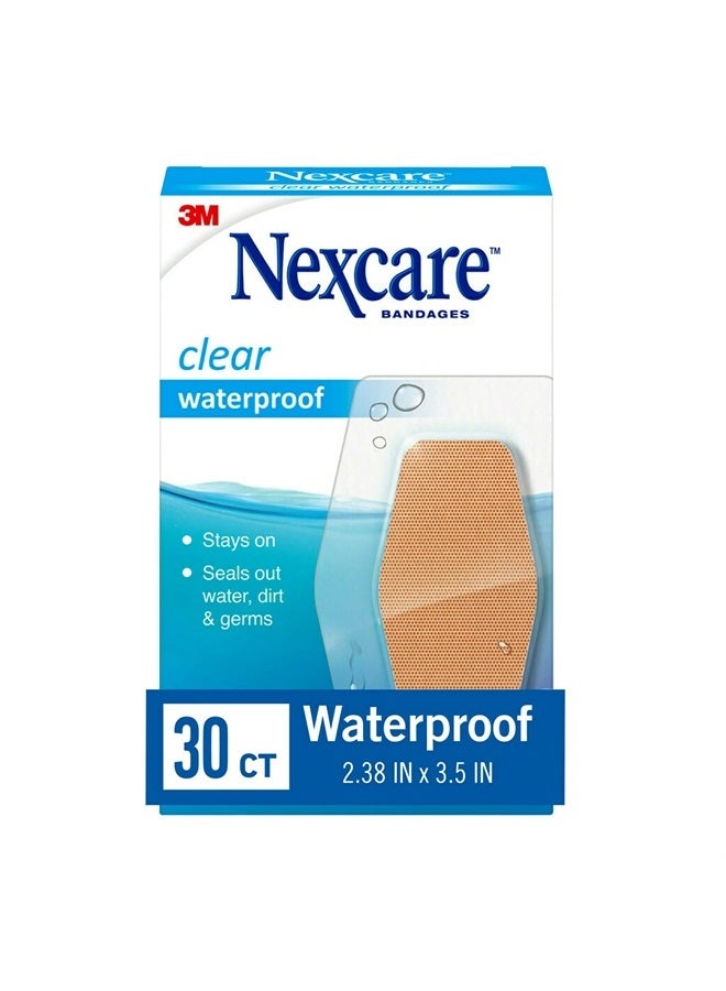 Nexcare Waterproof Clear Bandages For Knee And Elbow, Stays On Skin In The Bath, Shower Or Pool, 2.38 x 3.5 in, 30 Count - Image 1