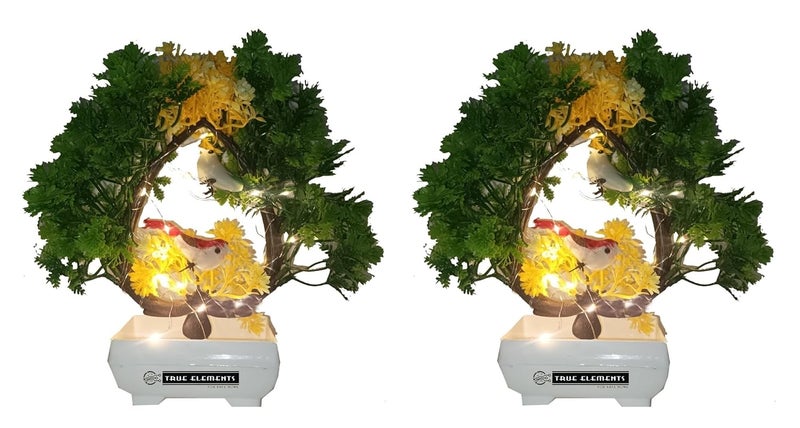 TRUE ELEMENT TRUE ELEMENT Artificial Bonsai Tree with Sparrow Pot Home Decor Living Room Office Desk Top Mini Decorative Indoor Plant with Pots LED LightPack of 2 Green Heart Shape  - Image 1