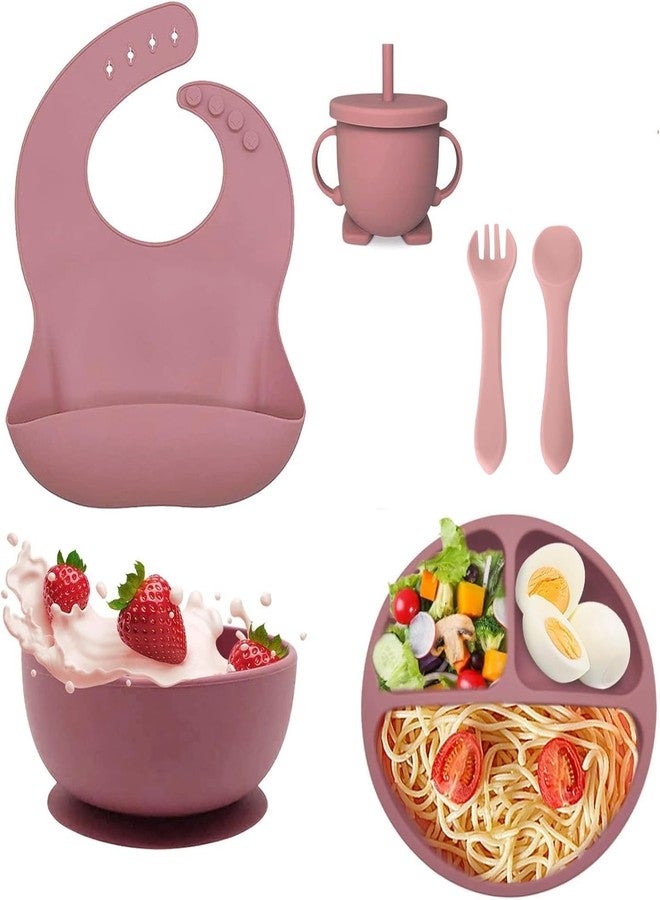 KRLZ Silicone Baby Feeding Set|6 pcs Premium BPA-Free Baby Led Weaning Supplies with Suction Plates and Bowls Set,Toddler self Feeding Utensils with Spoons,Bibs,Sippy Cup (Pink) - Image 1