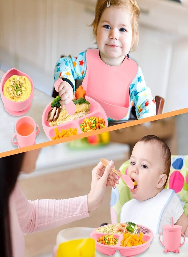 KRLZ Silicone Baby Feeding Set|6 pcs Premium BPA-Free Baby Led Weaning Supplies with Suction Plates and Bowls Set,Toddler self Feeding Utensils with Spoons,Bibs,Sippy Cup (Pink) - Image 4