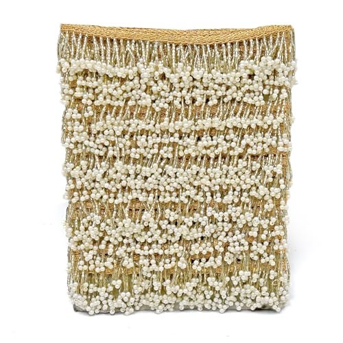 DaSync pearl lace and border materials hanging cream colour Tassel Latkan fringe golden beads jhallar Laces and Border Material zhallar Dresses blouse dupatta sari choli chunni Sarees Lehenga Suits curtains 9 meters - Image 1