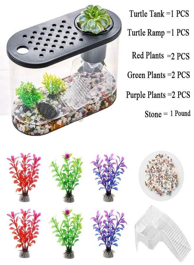 HIERYAN Small Turtle Tank Kit, Reptile Aquarium with Basking Platform, Decor Stones & Water Grass - Habitat for Turtles, Hermit Crabs, Fish - Ideal for Home or Office (12" x 6" x 12") - Image 2