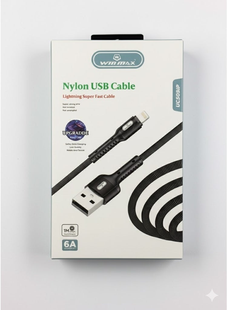 WINMAX UC509IP Nylon USB Cable  Lightning Super Fast Charge 1 Meter 6A Current - Image 1