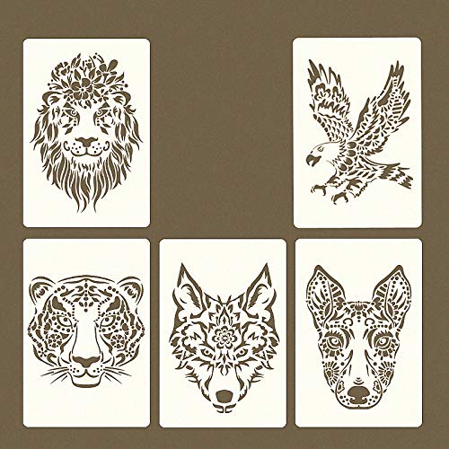 Lion Deer Tiger Wolf Whale Horse Animal Stencils for Painting on Wood Fabric Walls Airbrush  More  Reusable Mylar Template 82114Pack of 5 Lion Eagle
