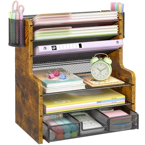 DAOUTIME 6Tier Mesh Desk Organizer with Drawer Wooden Office Organizer for Papers Folders Office Supplies Sturdy Desktop File Holder with 2 Pen Holders Space Saving Home Office Accessories - Image 1