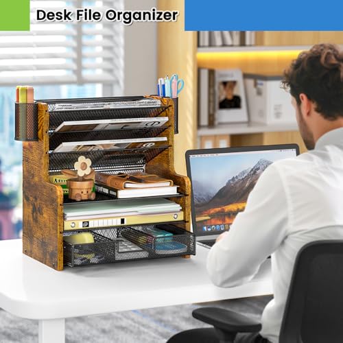 DAOUTIME 6Tier Mesh Desk Organizer with Drawer Wooden Office Organizer for Papers Folders Office Supplies Sturdy Desktop File Holder with 2 Pen Holders Space Saving Home Office Accessories - Image 3