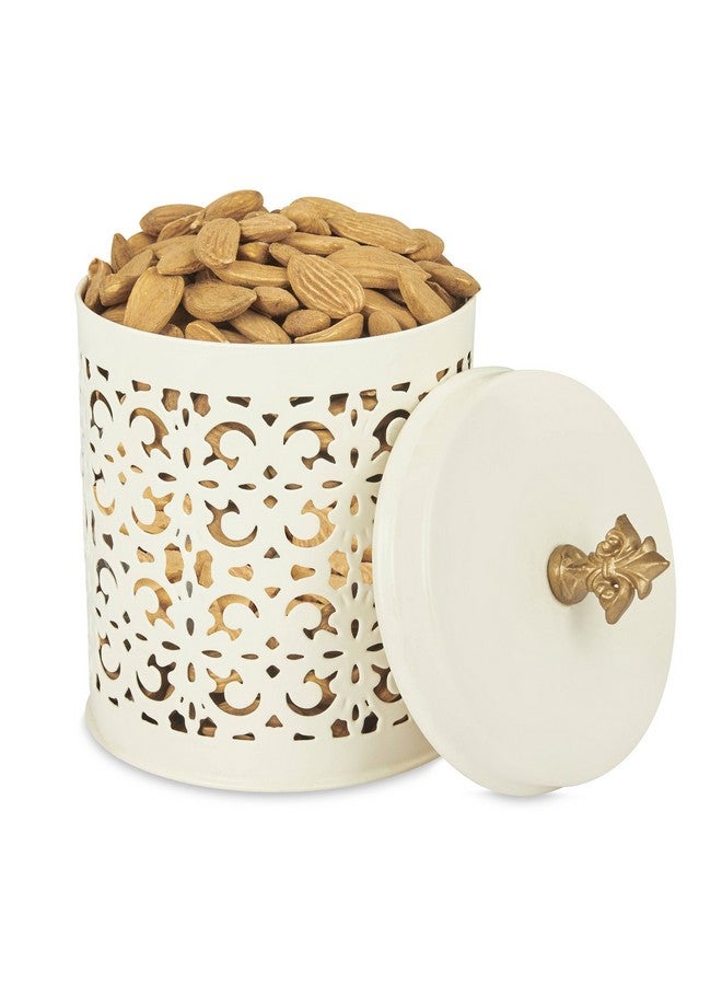 Elan Stainless Steel Tight Lid Canister for Snacks Stylish Kitchen Storage Container with Vintage Cut Work Design, Food Safe and Durable, Perfect for Your Kitchen or as a Gift (Off White)