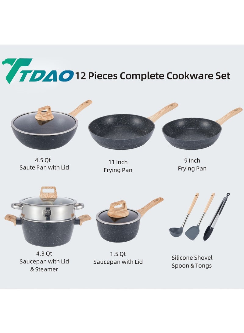TDAO 12-Piece Pots and Pans Set Nonstick, Healthy Kitchen Cookware Sets, Induction Cooking Set W/Gray Granite Stone Frying Pans, Saucepans, Sauté Pan, Griddle Pan, Wood Finish Handles - Tempered Glass Lids - Steamer - PFOA Free - Frying Pan, Casserole With Lid, Saucepan, Grill Pan, Kitchen Tools Granite - Image 2