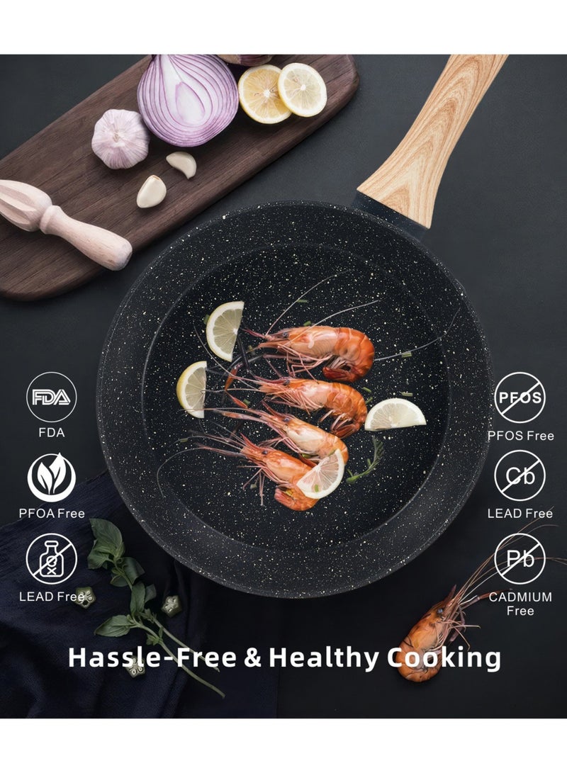 TDAO 12-Piece Pots and Pans Set Nonstick, Healthy Kitchen Cookware Sets, Induction Cooking Set W/Gray Granite Stone Frying Pans, Saucepans, Sauté Pan, Griddle Pan, Wood Finish Handles - Tempered Glass Lids - Steamer - PFOA Free - Frying Pan, Casserole With Lid, Saucepan, Grill Pan, Kitchen Tools Granite - Image 3