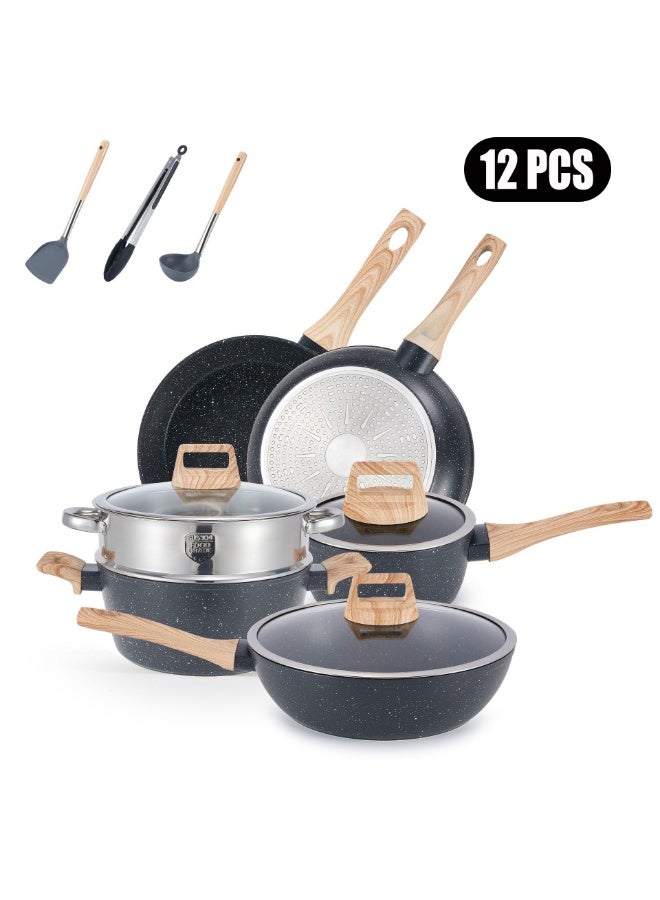 TDAO 12-Piece Pots and Pans Set Nonstick, Healthy Kitchen Cookware Sets, Induction Cooking Set W/Gray Granite Stone Frying Pans, Saucepans, Sauté Pan, Griddle Pan, Wood Finish Handles - Tempered Glass Lids - Steamer - PFOA Free - Frying Pan, Casserole With Lid, Saucepan, Grill Pan, Kitchen Tools Granite - Image 1