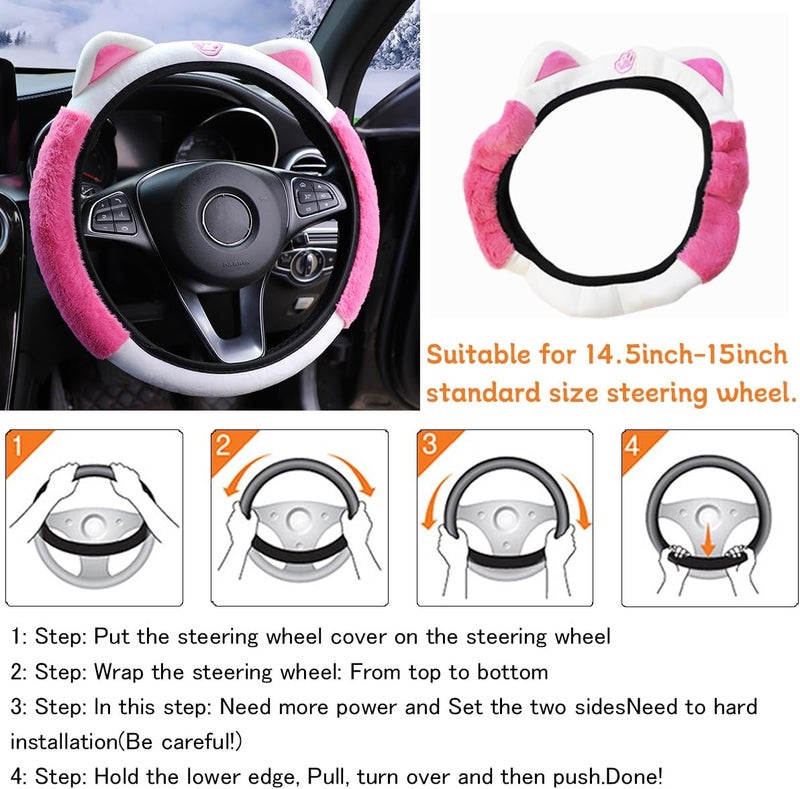 Bittwee Car Steering Wheel Cover, Fluffy Soft Plush for Winter Warm, Cute Steering Wheel Protector with Kitty Cat Ears, Universal 15 Inch, Elastic & Anti-Slip, Lovely Decor Car Accessories (Rose Red) - Image 5