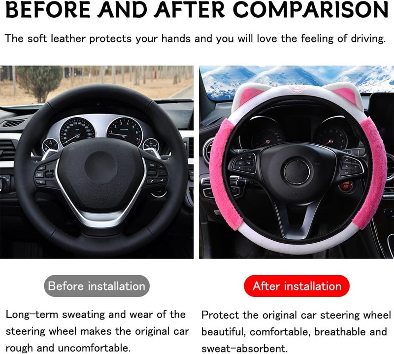 Bittwee Car Steering Wheel Cover, Fluffy Soft Plush for Winter Warm, Cute Steering Wheel Protector with Kitty Cat Ears, Universal 15 Inch, Elastic & Anti-Slip, Lovely Decor Car Accessories (Rose Red) - Image 2