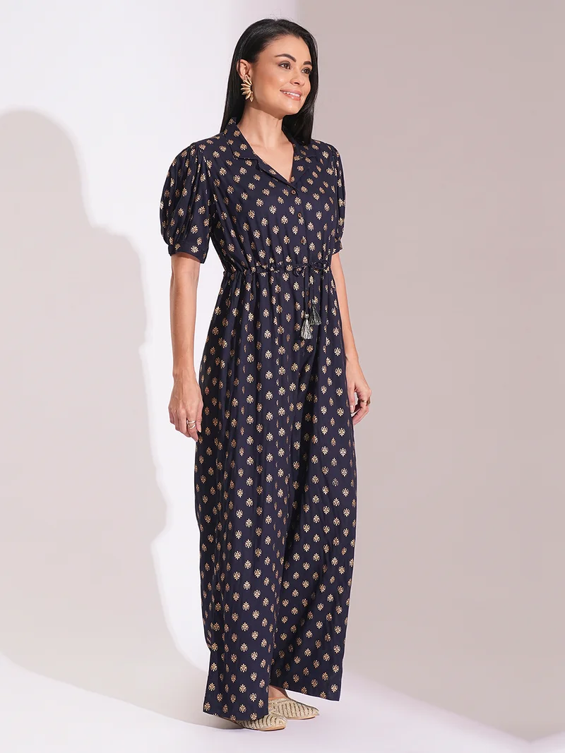 globus Women Ethnic Printed Notched Lapel Puff Sleeves Foil Tie-Up Detail Basic Jumpsuit