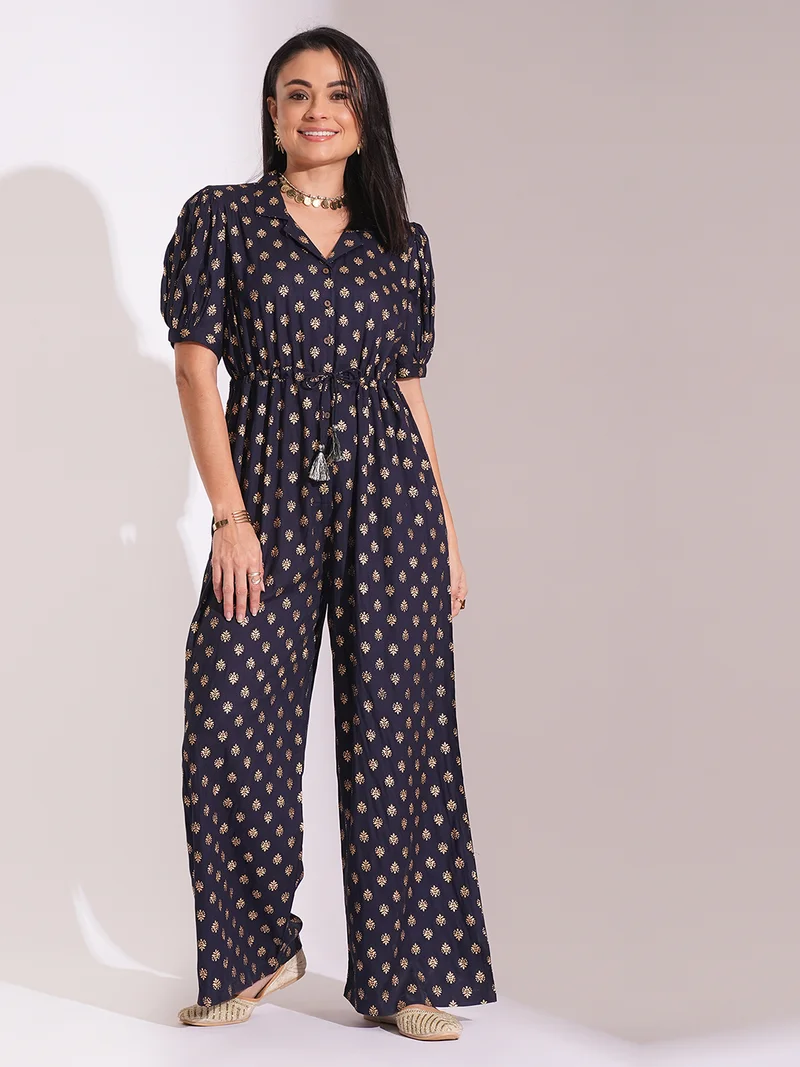 globus Women Ethnic Printed Notched Lapel Puff Sleeves Foil Tie-Up Detail Basic Jumpsuit