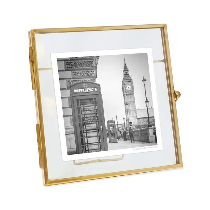 4X4 ANTIQUE GOLD VINTAGE STYLE BRASS AND GLASS METAL FLOATING DESK PHOTO FRAME WITH LOCKET BEAD CLASP CLOSURE FOR PICTURES ART MORE 4X4 ANTIQUE GOLD