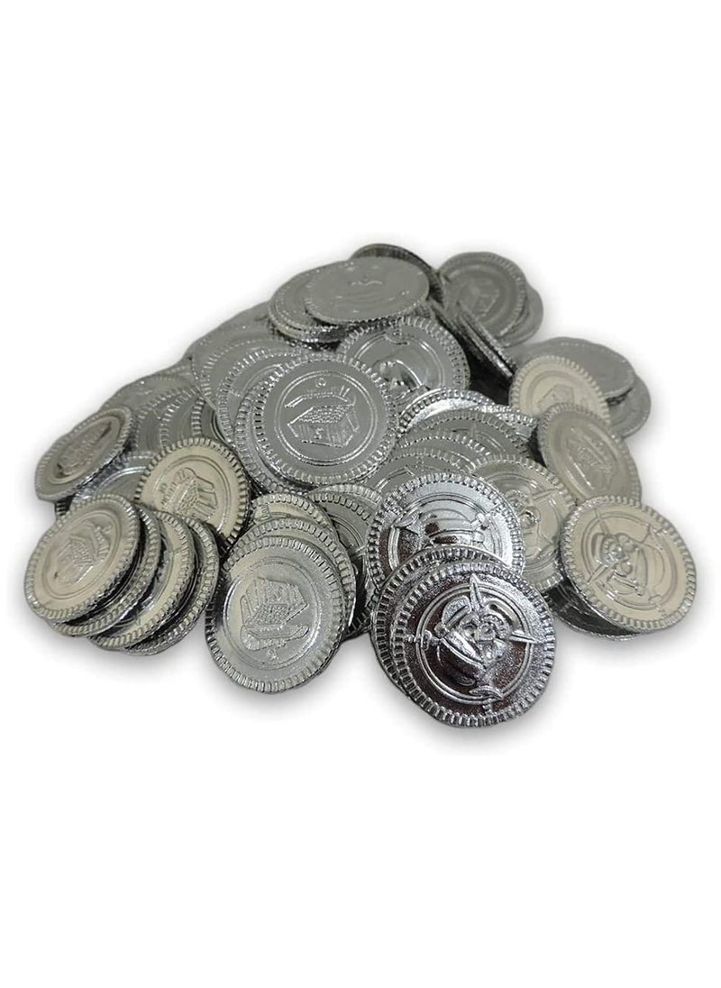 Party with Emma 100pcs Pirate Party Favors Fake Coins Treasure Coin for Kids Pirate Theme Birthday Party Supplies  (Silver)  - Image 1