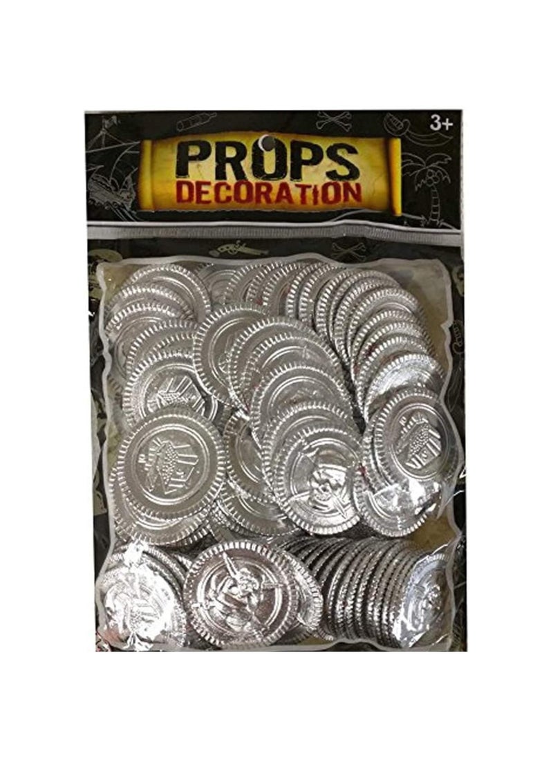 Party with Emma 100pcs Pirate Party Favors Fake Coins Treasure Coin for Kids Pirate Theme Birthday Party Supplies  (Silver)  - Image 3