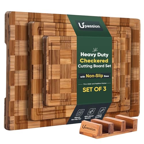 Upassion Heavy Duty Bamboo Cutting Board Set 3 Pack Non Toxic Juice Groove Charcuterie Board Book Wood Cutting Boards for Kitchen Solid End Grain Wood Chopping Board Large Butcher Block - Image 1