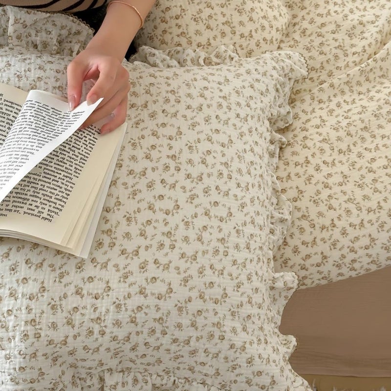 BuLuTu Camellia Floral Print Pillowcase King Muslin Cotton Pillow Case Chic Shabby Pillow Cover with Ruffles Enveloped Pillowcases, Machine Washable, 20x36 inch, 1 Piece - Image 5