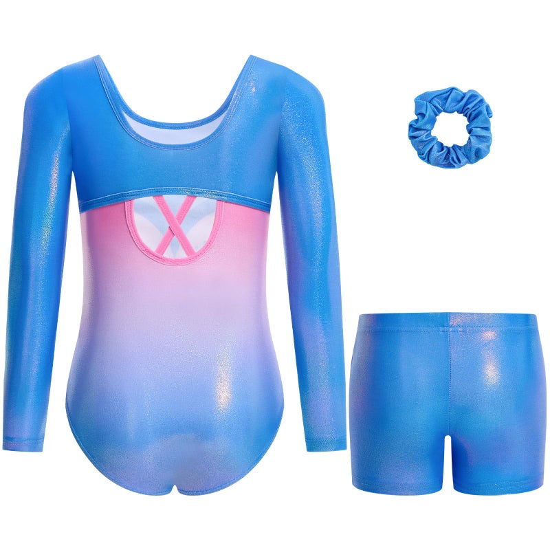 Gogokids Gymnastics Leotards for Girls Sparkly Rhinestone 3/4 Sleeve 3 PCS Ballet Outfit Sets Dancewear, Blue(130/8-9 Years) - Image 2