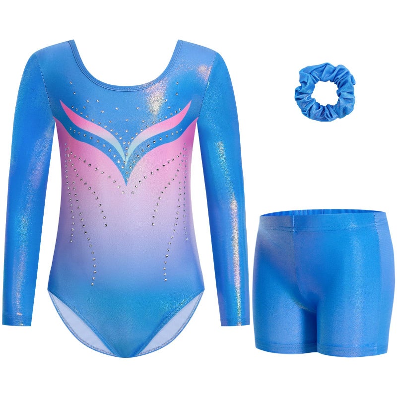 Gogokids Gymnastics Leotards for Girls Sparkly Rhinestone 3/4 Sleeve 3 PCS Ballet Outfit Sets Dancewear, Blue(130/8-9 Years) - Image 1