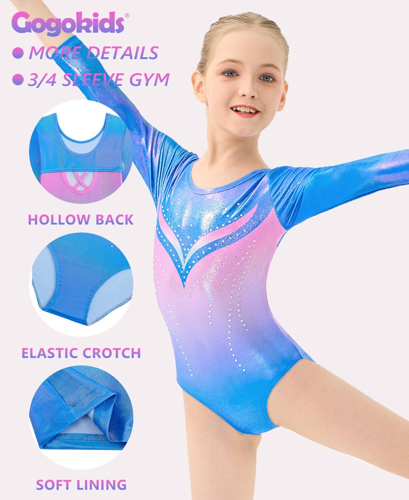 Gogokids Gymnastics Leotards for Girls Sparkly Rhinestone 3/4 Sleeve 3 PCS Ballet Outfit Sets Dancewear, Blue(130/8-9 Years) - Image 3