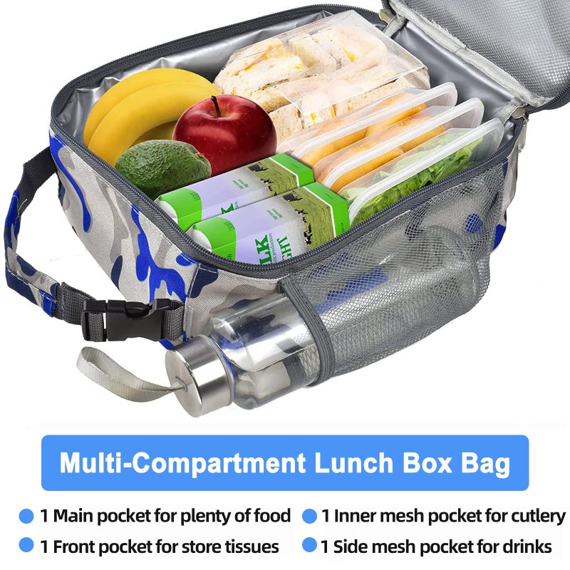 IWTTWY Insulated Lunch Bag, Leakproof Portable Box for Women Men Boys Girls, Large Capacity Cooler Bag with Handle and Bottle Pocket for Office School Camping Hiking Outdoor Beach Picnic (Camo Blue) - Image 4