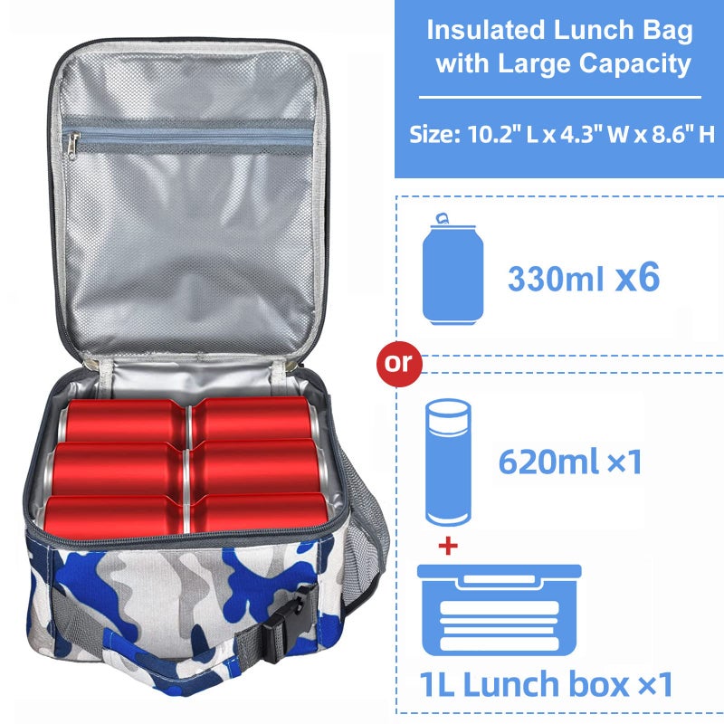 IWTTWY Insulated Lunch Bag, Leakproof Portable Box for Women Men Boys Girls, Large Capacity Cooler Bag with Handle and Bottle Pocket for Office School Camping Hiking Outdoor Beach Picnic (Camo Blue) - Image 3