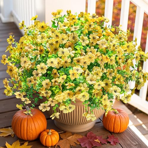 HyeFlora Artificial Fall Flowers Faux Mums for Outdoor Indoor Garden Home Decoration, Faux Flower Daisy with Eucalyptus Leaves Fake Plants Greenery Boxwood Porch Patio, 12 Bundles (Yellow) - Image 1