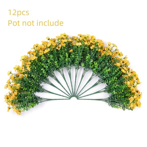 HyeFlora Artificial Fall Flowers Faux Mums for Outdoor Indoor Garden Home Decoration, Faux Flower Daisy with Eucalyptus Leaves Fake Plants Greenery Boxwood Porch Patio, 12 Bundles (Yellow) - Image 3