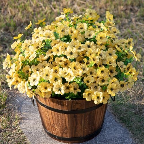HyeFlora Artificial Fall Flowers Faux Mums for Outdoor Indoor Garden Home Decoration, Faux Flower Daisy with Eucalyptus Leaves Fake Plants Greenery Boxwood Porch Patio, 12 Bundles (Yellow) - Image 2