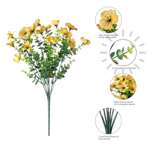 HyeFlora Artificial Fall Flowers Faux Mums for Outdoor Indoor Garden Home Decoration, Faux Flower Daisy with Eucalyptus Leaves Fake Plants Greenery Boxwood Porch Patio, 12 Bundles (Yellow) - Image 4