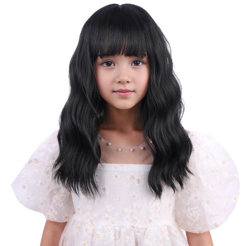 DUDUWIG Girls Black Wig Kids Short Black Wavy Curly Bob Wig Children Black Wig with Bangs Synthetic Wigs for Halloween Party - Image 1