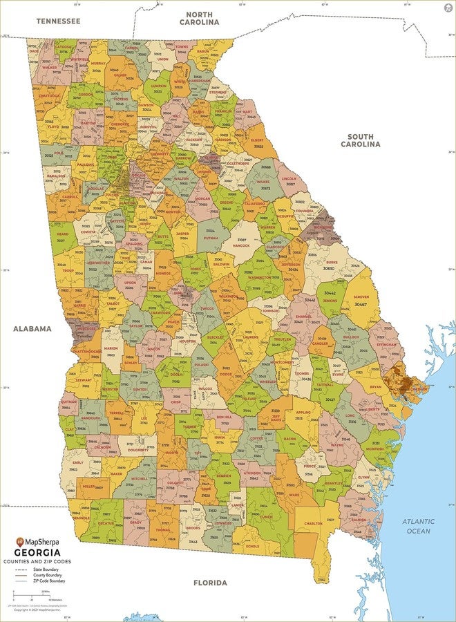 MapSherpa خريطة رموز بريدية لجورجيا مع المقاطعات - قياسية - 36 بوصة × 42.25 بوصة، مغلفة - Image 1