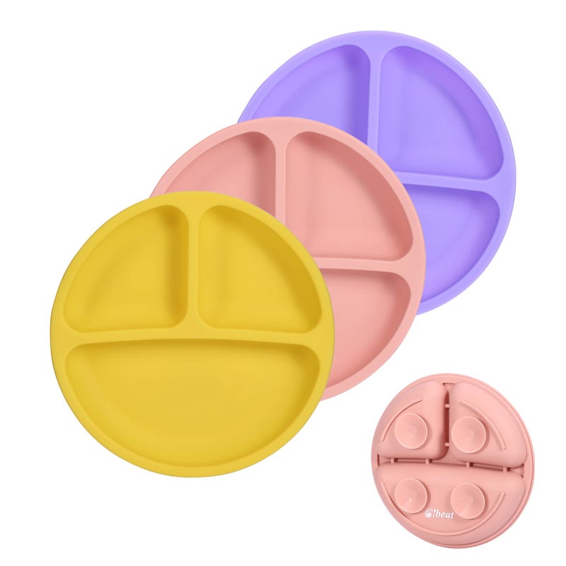 Cibeat Toddler Plates 3 Pack 100 Silicone Suction Plates for Babies and Toddlers Microwave and Dishwasher Safe BPA Free Divided Design Pink Yellow Purple - Image 3