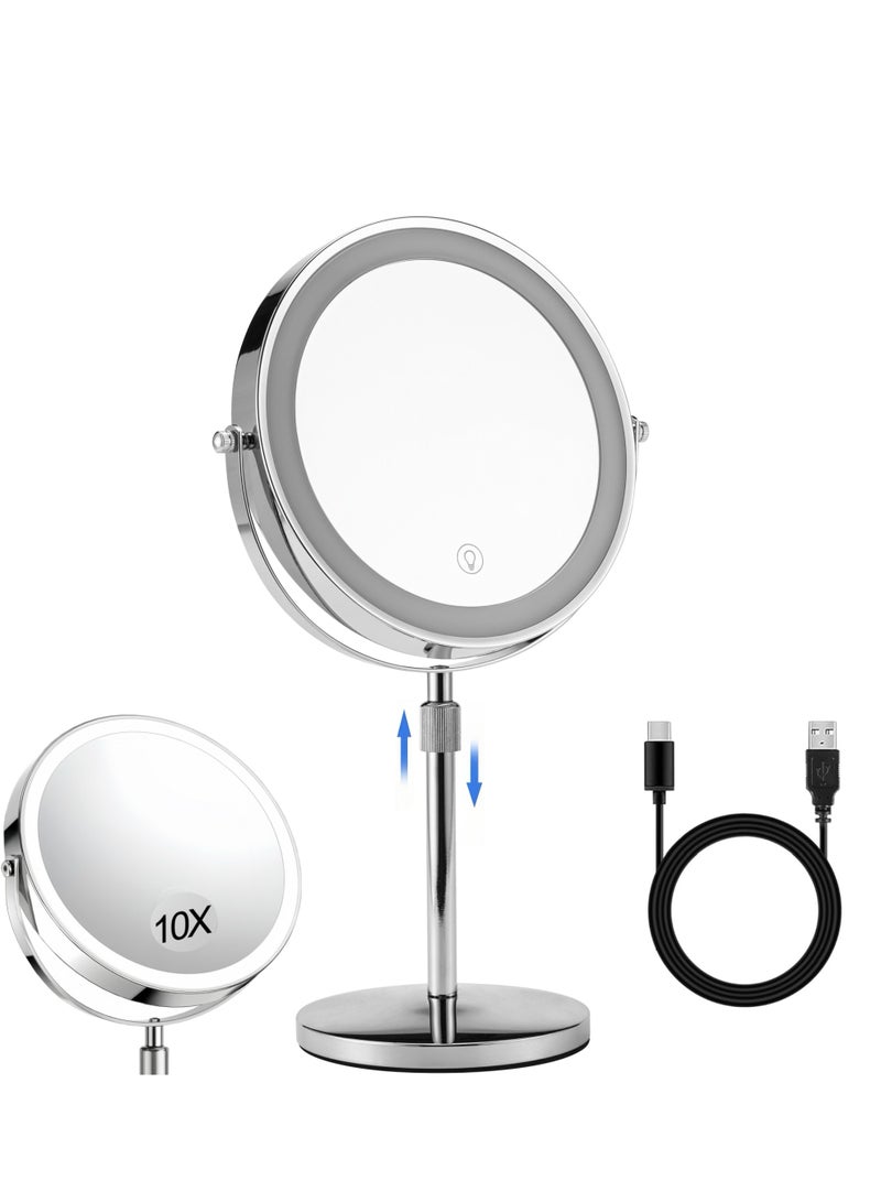 ون سيركل مرآة مكياج مضيئة ذات عدسة واحدة، 2500 مللي أمبير/ساعة قابلة لإعادة الشحن مرآة الزينة القابلة لإعادة الشحن مع 3 إضاءة ملونة وارتفاعها قابل للضبط ومرآة الصمام المكبر 10x، ومرآة الضوء التجميلي ذات 8.6"هي هدية جيدة أيضًا - Image 1