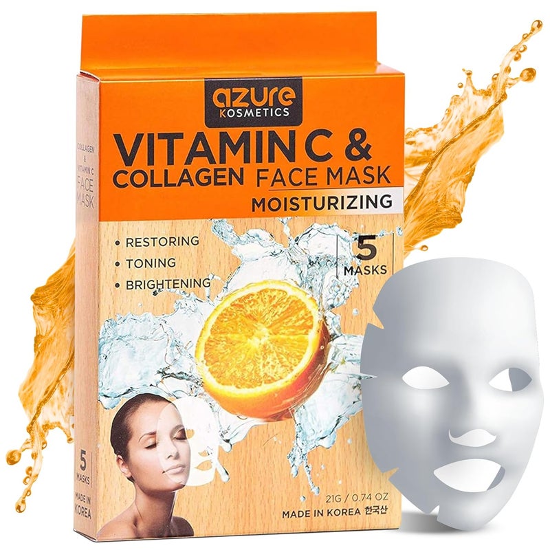 Azure Cosmetics Vitamin C  Collagen Moisturizing Facial Mask Anti Aging Deeply Moisturizing  Firming  Improves Elasticity  Skin Care Made in Korea  Pack of 5