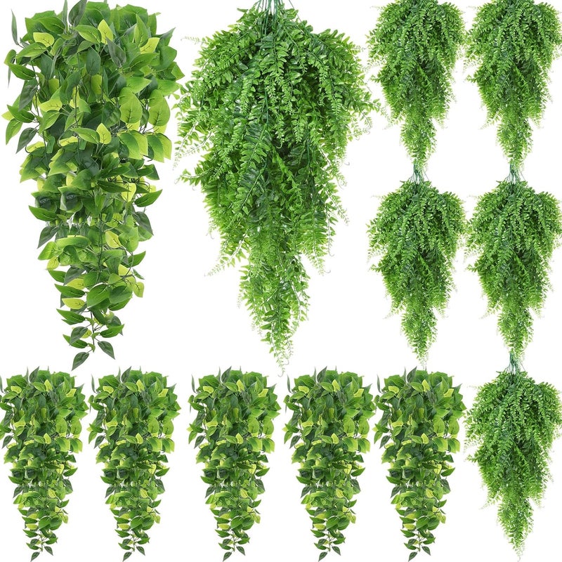 Hoteam 12 Pcs Artificial Hanging Plants 32 Inch Fake Ivy Vines with Fake Leaves Patio Artificial Plants Greenery for Living Room Indoor Outdoor Wall, No Basket (Pothos,Persian Grass) - Image 1