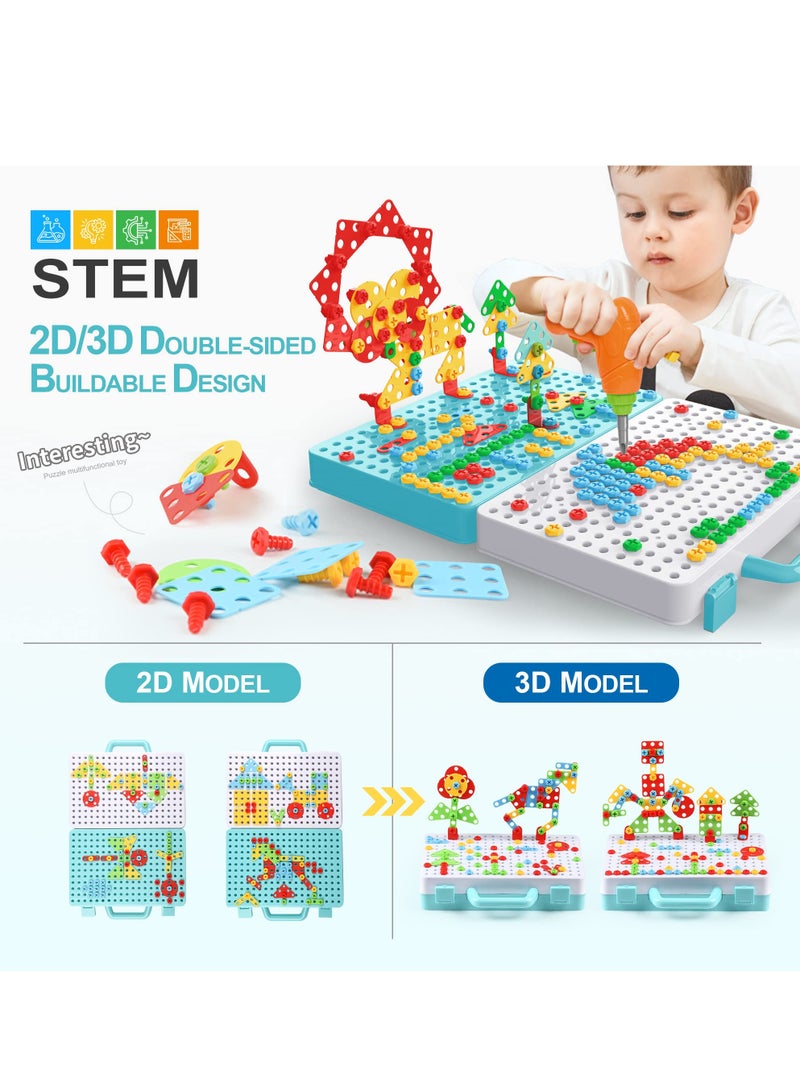 Excefore Mosaic Drill Toys Creative Mosaic Puzzle Toy with Electric Drill STEM Learning Toys Construction Engineering Building Block Games with Toy Drill & Screw Driver Tool Set - Image 2