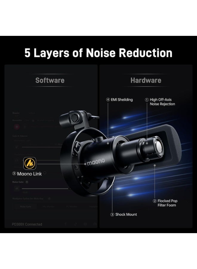 MAONO PD300X Professional USB/XLR Dynamic Microphone for Podcasting, Streaming & Content Creation | Cardioid Mic with 24Bit/192kHz Studio Audio, 5-Level Noise Reduction & 3-in-1 Smart Control Knob | Ideal for Voice Over, Recording & Broadcasting | Black - Image 5