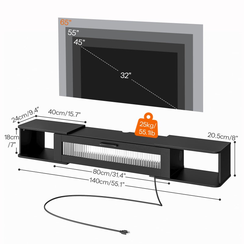 HOOBRO Floating TV Stand with LED Light Power Outlet for TVs up to 65â€, Wall Mounted TV Shelf, Modern Media Console Entertainment Center Under TV, for Living Room Bedroom, Black BK34UDDS01G1 - Image 3