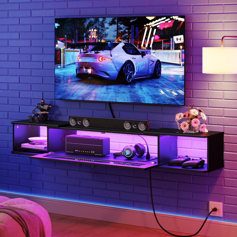 HOOBRO Floating TV Stand with LED Light Power Outlet for TVs up to 65â€, Wall Mounted TV Shelf, Modern Media Console Entertainment Center Under TV, for Living Room Bedroom, Black BK34UDDS01G1 - Image 2