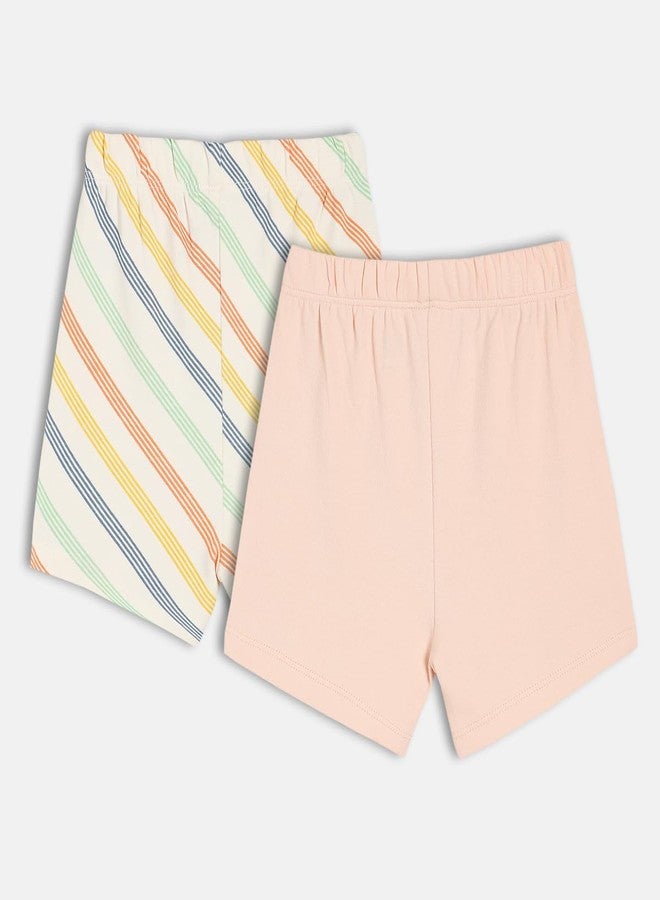 miniklub Cotton Striped & Solid Shorts,Pack of 2, White & Pink(3-6M) - Image 2