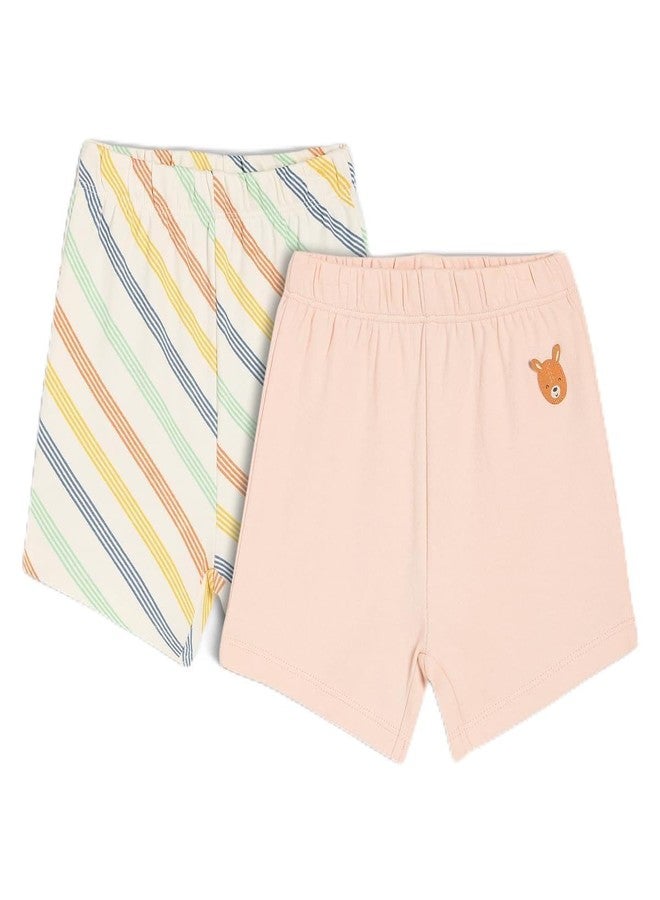 miniklub Cotton Striped & Solid Shorts,Pack of 2, White & Pink(3-6M) - Image 1