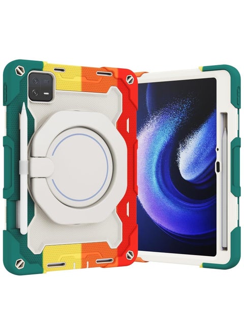 Tablet Case Compatible with Xiaomi Mi Pad 6 Pro 2023 11.2 inch,360° Rotatable Handle Stand Case Three-in-one Shatter-Resistant Shell, Drop-Proof,Shoulder Strap Pad Cover (RAINBOW RED)